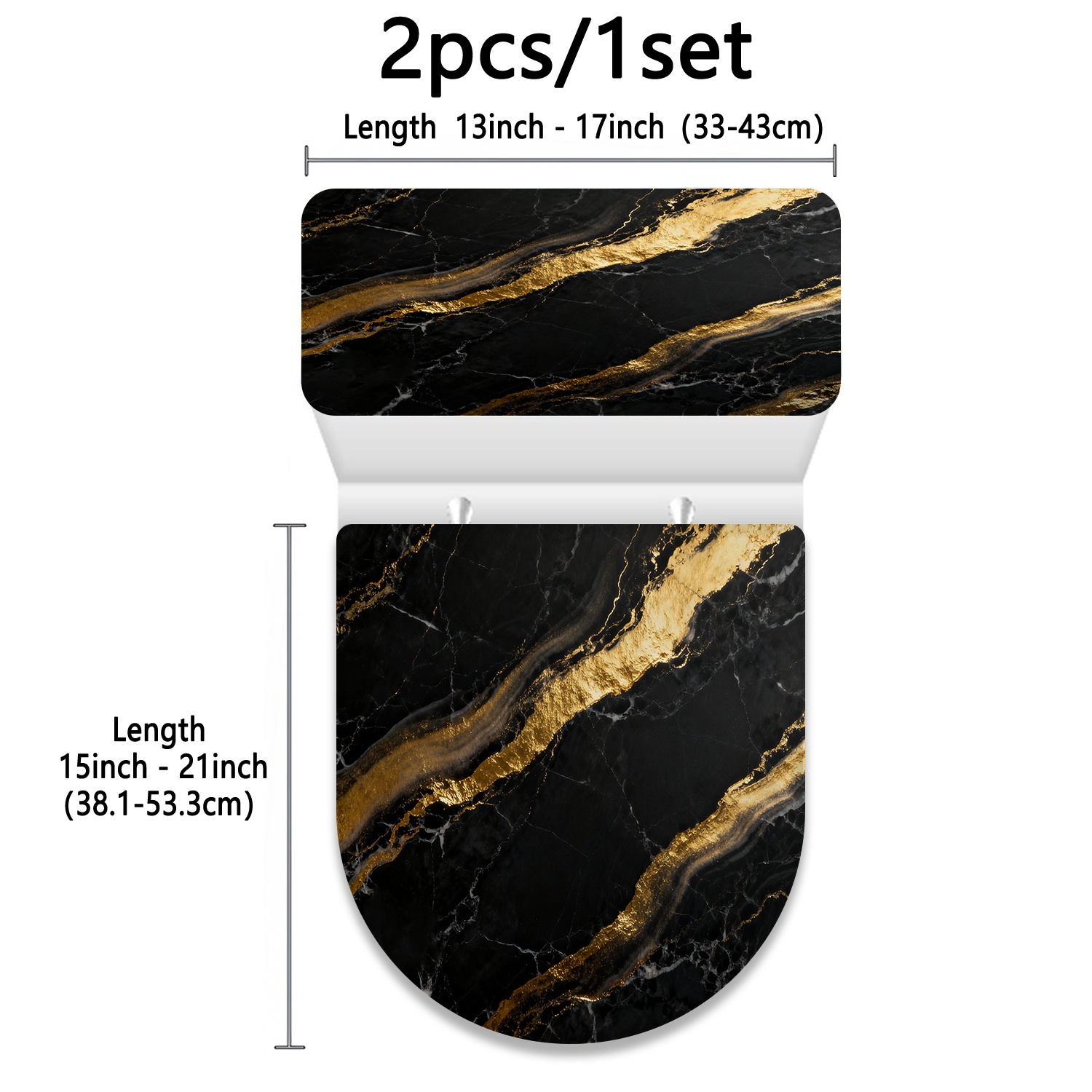 TEMU 2pcs Black Marble And Golden Texture Pattern Printed Toilet Lid And Tank Cover Set, 2d Flat Decorative Bathroom Toilet Cover, Suitable For All