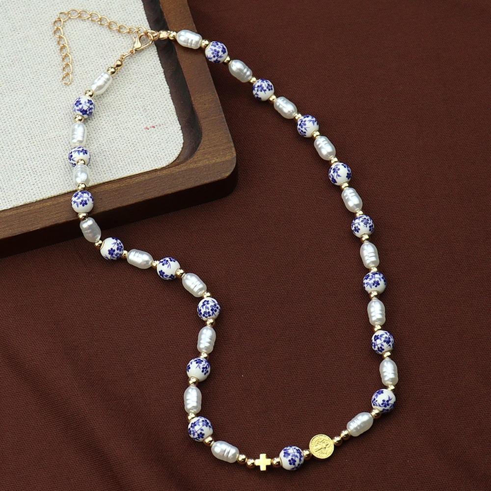 Women's Vintage Chinese Style Ceramic & Beaded Cross Chain Necklace