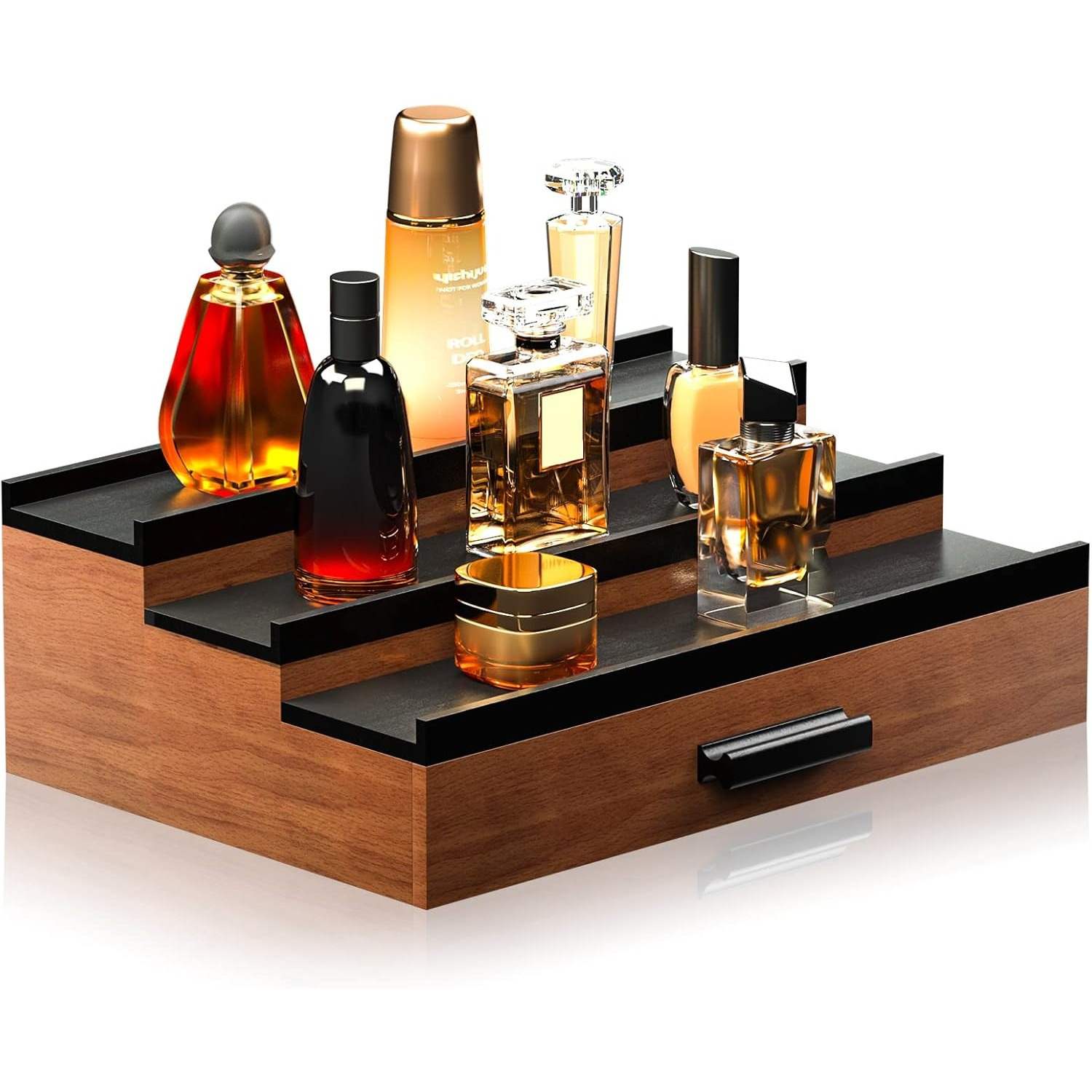 

1pc Élégant 3-Tier Élévé Bois Parfum et Montre Affichage Stand avec Rangement Tiroir Organisateur pour Hommes Montres et Femmes Parfum, Cadeau Idéal pour Hommes