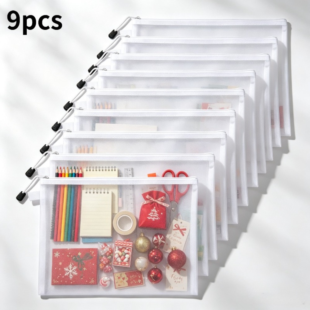 TEMU 9pcs White Mesh Zipper Bags, Durable Storage Pouches, Perfect For Office File Organization, School Supplies, Cosmetics & Stationery