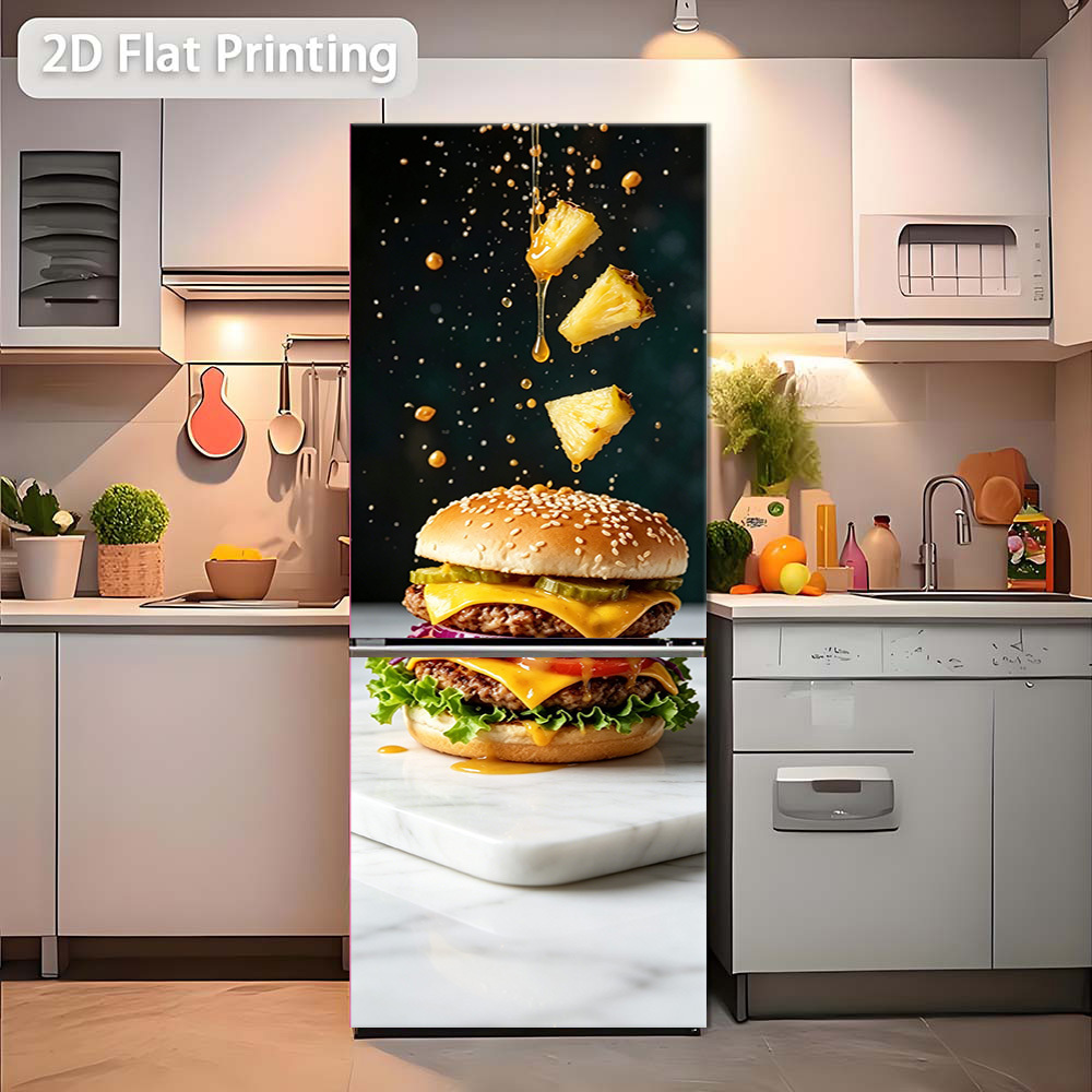 [2d 평면 인쇄] 1개 이중 레이어 치즈 파인애플 버거 테마 냉장고 스티커, 60 x 180 cm, 정교한 디자인, 탈착식 벽 장식 벽지, 캐비닛 및 옷장에 적합