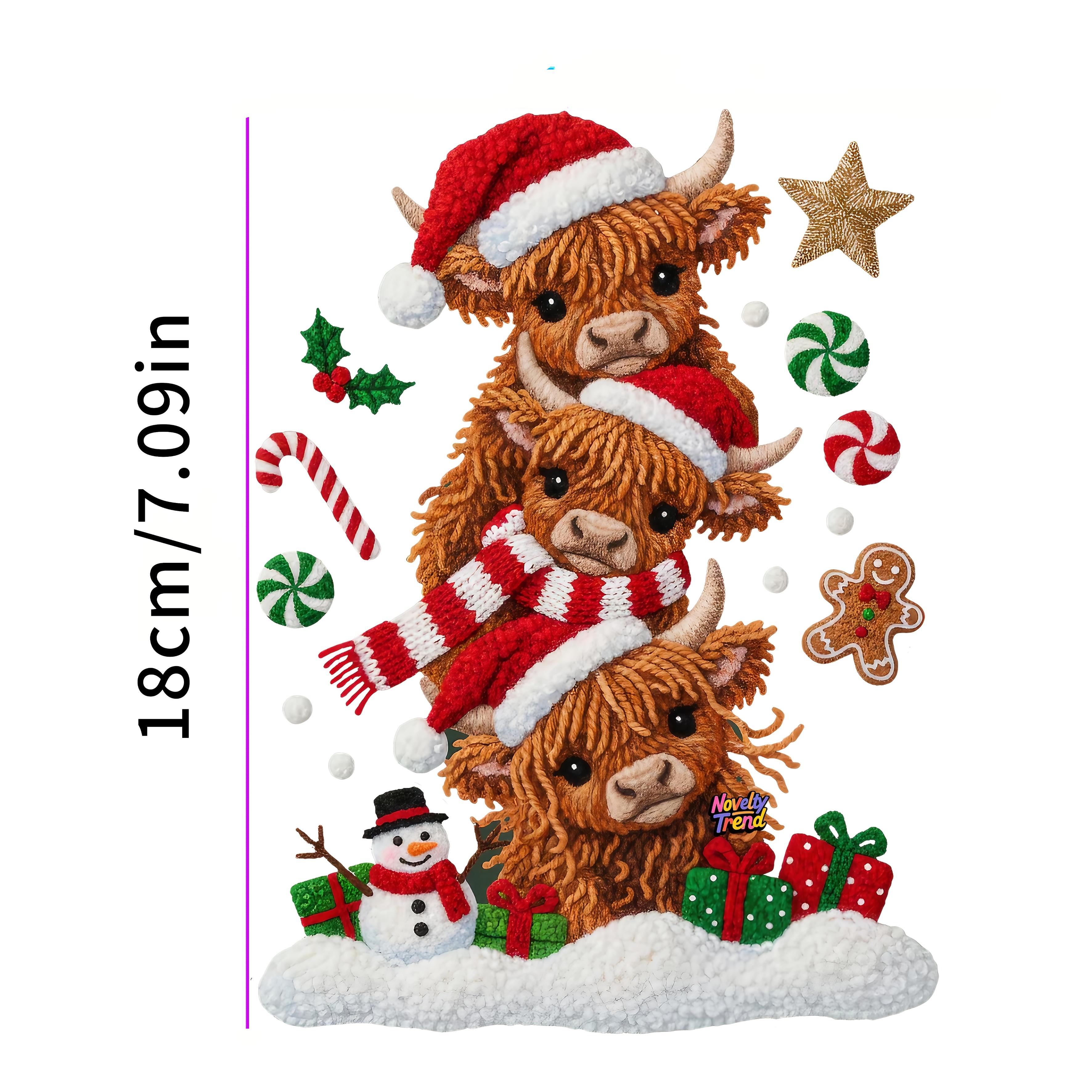 TEMU 3pcs Cute Highland Cow Christmas Heat Transfer Stickers - 3pcs Set Featuring Cows Wearing Santa Hats With Gifts, Snowmen, And Candy Patterns,