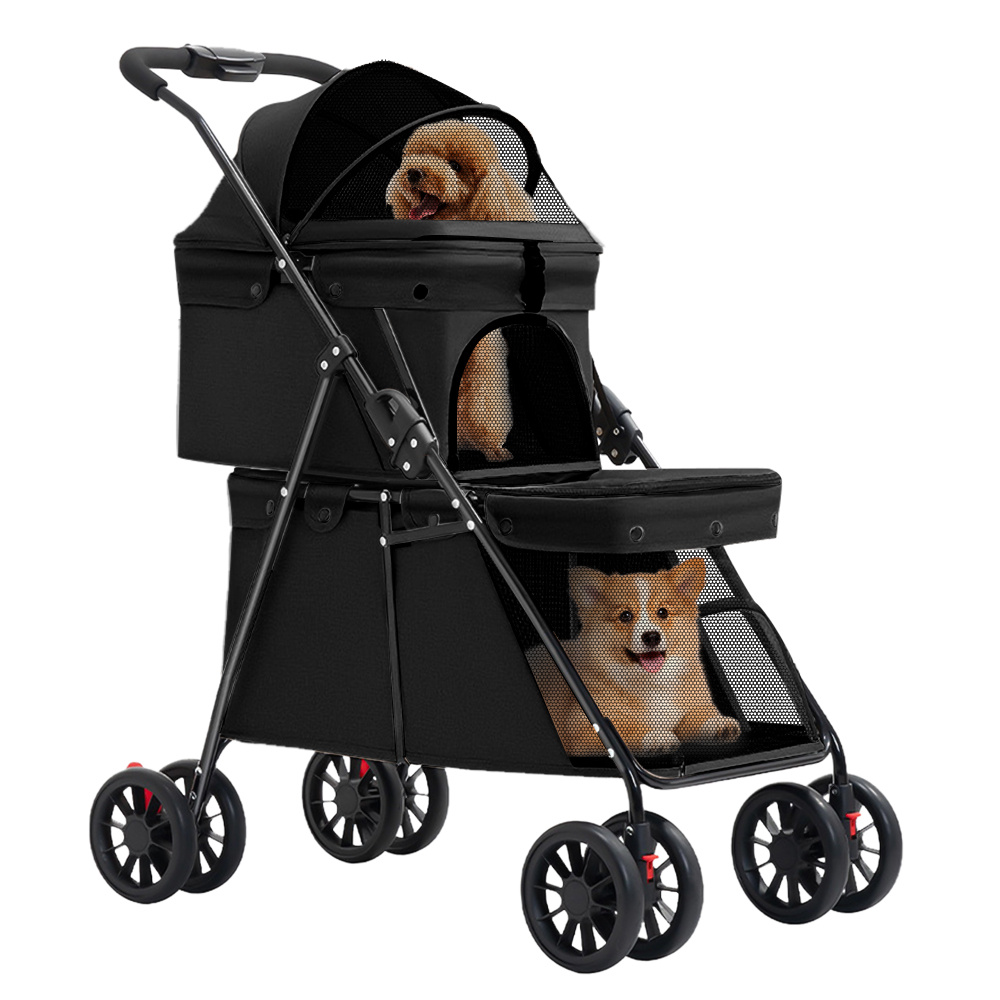 Double-deck Pet Stroller - Black - 67 X 50 X 95cm - Large Storage Capacity, Setting A For Comfortable Travel With Your Adorable Pets