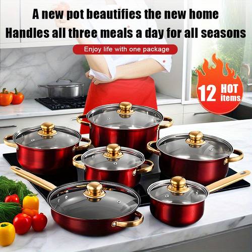 12pcs red pot set non stick pan kitchen cookware set non stick cooking set a of pots all