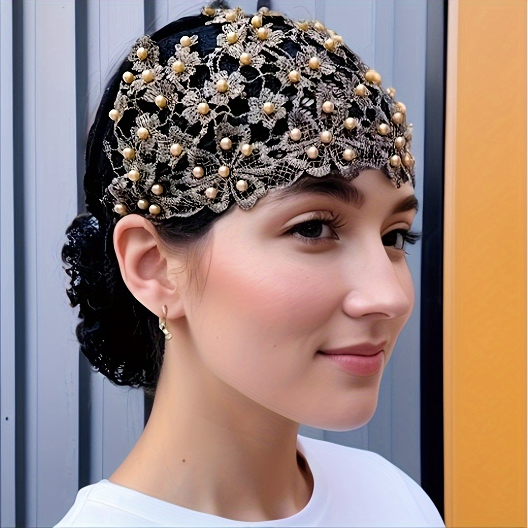 Lace Turban Headwear Women Elegant Hollow Out Headwrap Fashion Beaded Accessory Handmade Hair Band Party Headpiece Vintage French Hair Bonnet Stylish Scarf Cover