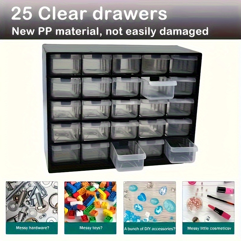 1 Organizador de pared de plástico con 25 cajones negros, con separadores transparentes, caja de almacenamiento de tornillos y herramientas duraderas para garaje, taller y organización de electrónica, diseño elegante, compartimentos visibles, divisores fáciles de instalar