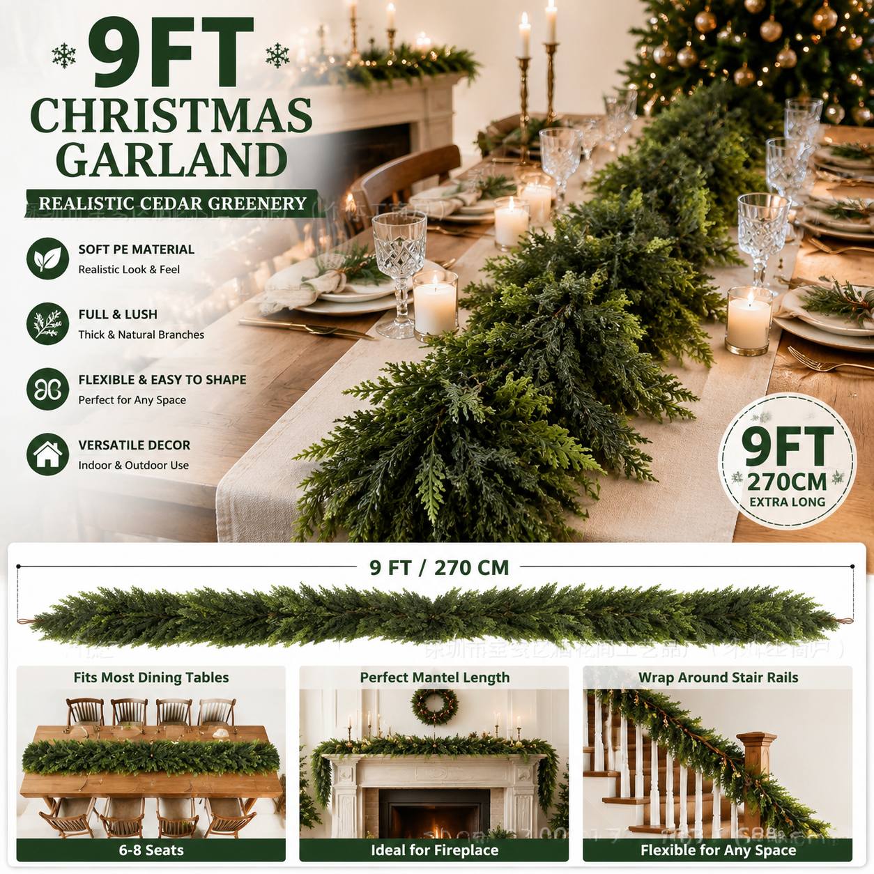 TEMU 9ft Christmas Garland Artificial Cedar Pine Garland, Realistic Pe Greenery For Fireplace Mantel Staircase Door Table Holiday Decoration