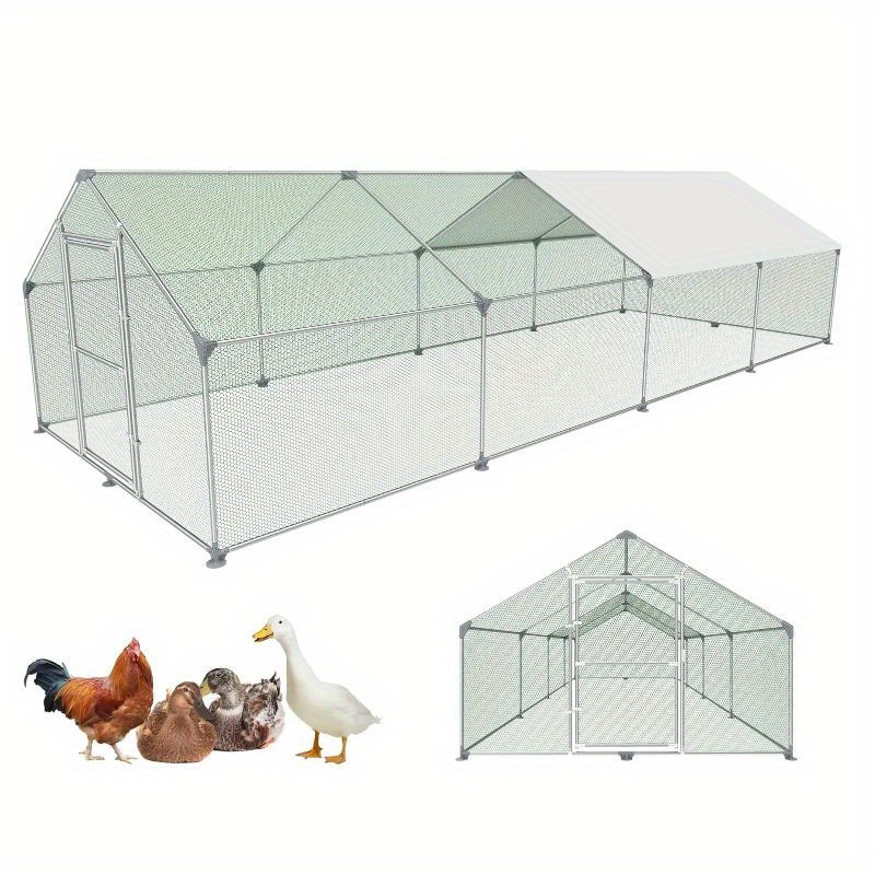 E-shop Freilaufgehege Vogelhaus Hühnerstall Metall Geflügelkäfige mit Sonnenschutzdach, Hühnerzaun, Tür und Stange Freilaufgehege Hühnerkäfige Stabile