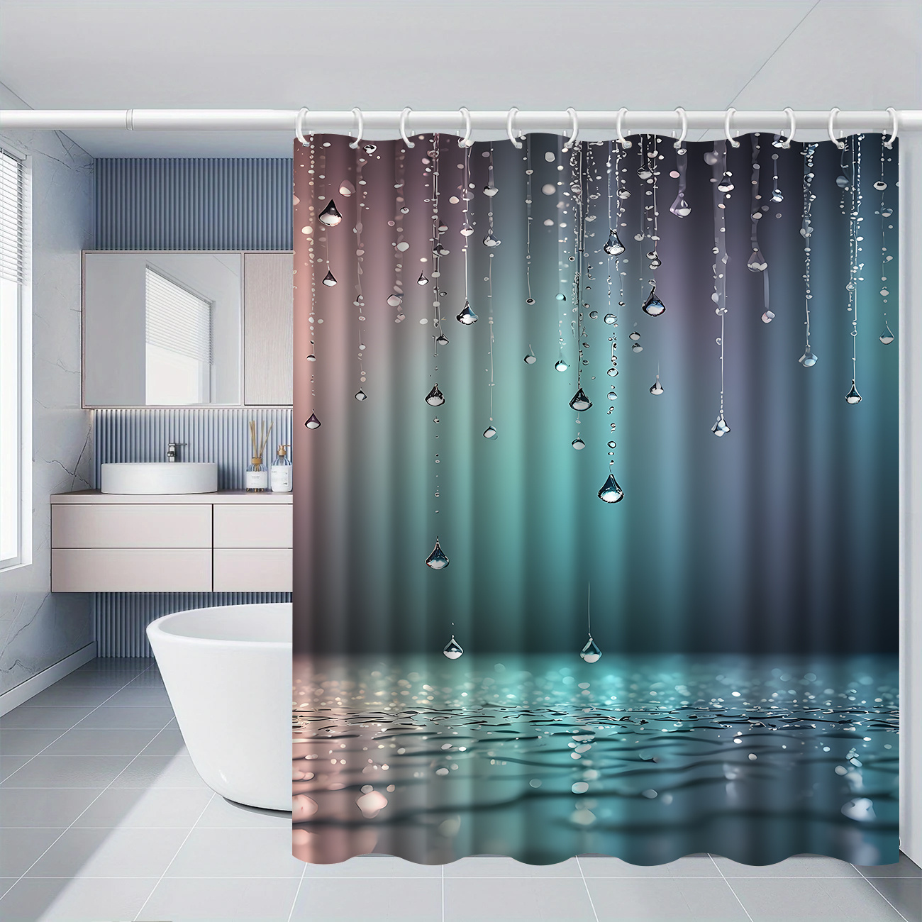 Raindrop Pattern Printed Shower Curtain with Hooks