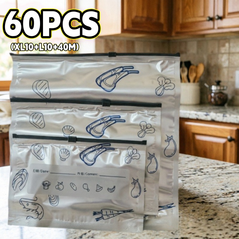 TEMU 60pcs Reusable Food-grade Aluminum Foil Storage Bag/refrigerator Storage Bag Set, Featuring 3 Sizes Of Resealable Bags For Portioning And