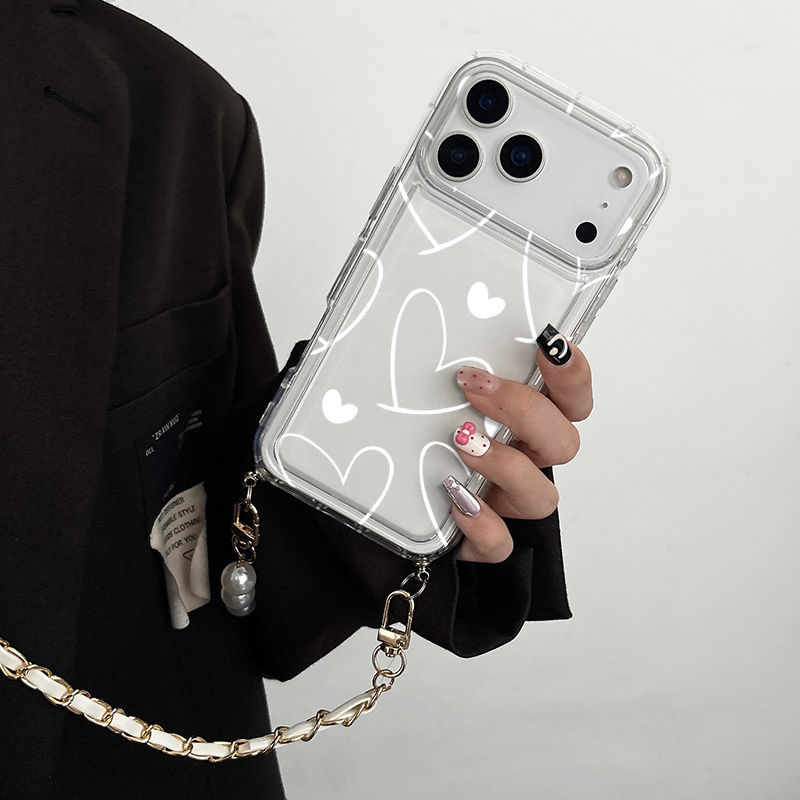 TEMU A High-end Phone Case With A Faux Leather Pearl Long Lanyard Which Worn Crossbody Or Around The Printed With White Heart Pattern Phone Case For