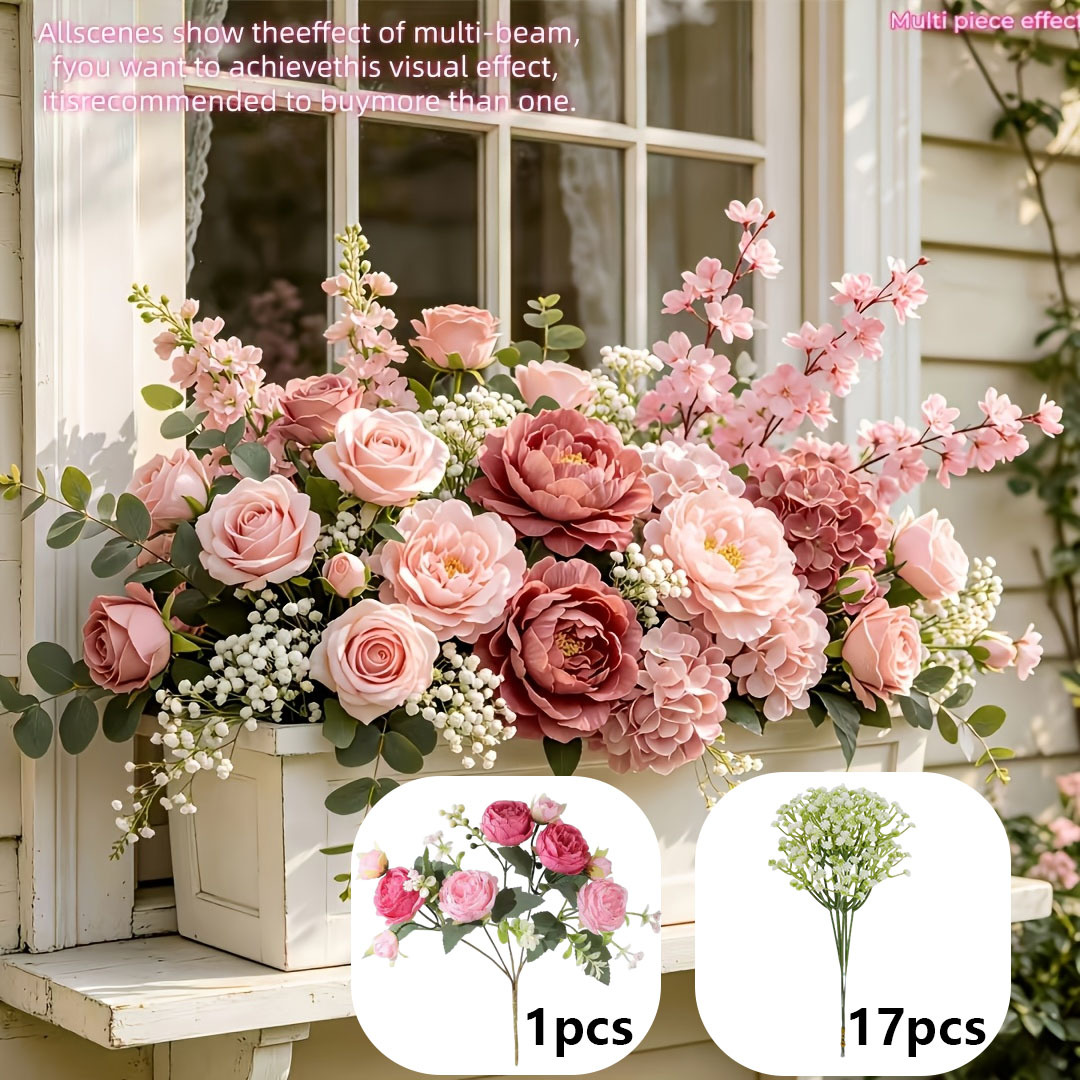 TEMU 18-stem Deluxe Large Artificial Flower Bouquet - Doudou Peonies, Roses, And With Dandelions, Realistic Touch - Maintenance-free, Suitable For