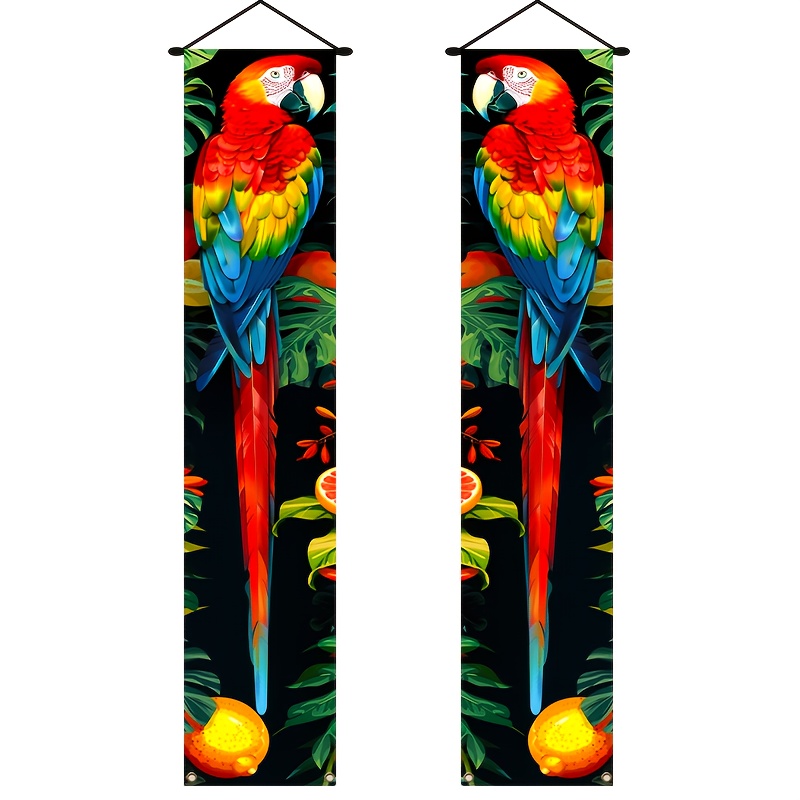 TEMU Set Of 2 Colorful Tropical Flower Banners Featuring A Parrot Design - Sturdy Polyester Flags Suitable For Outdoor Seasonal Celebrations,
