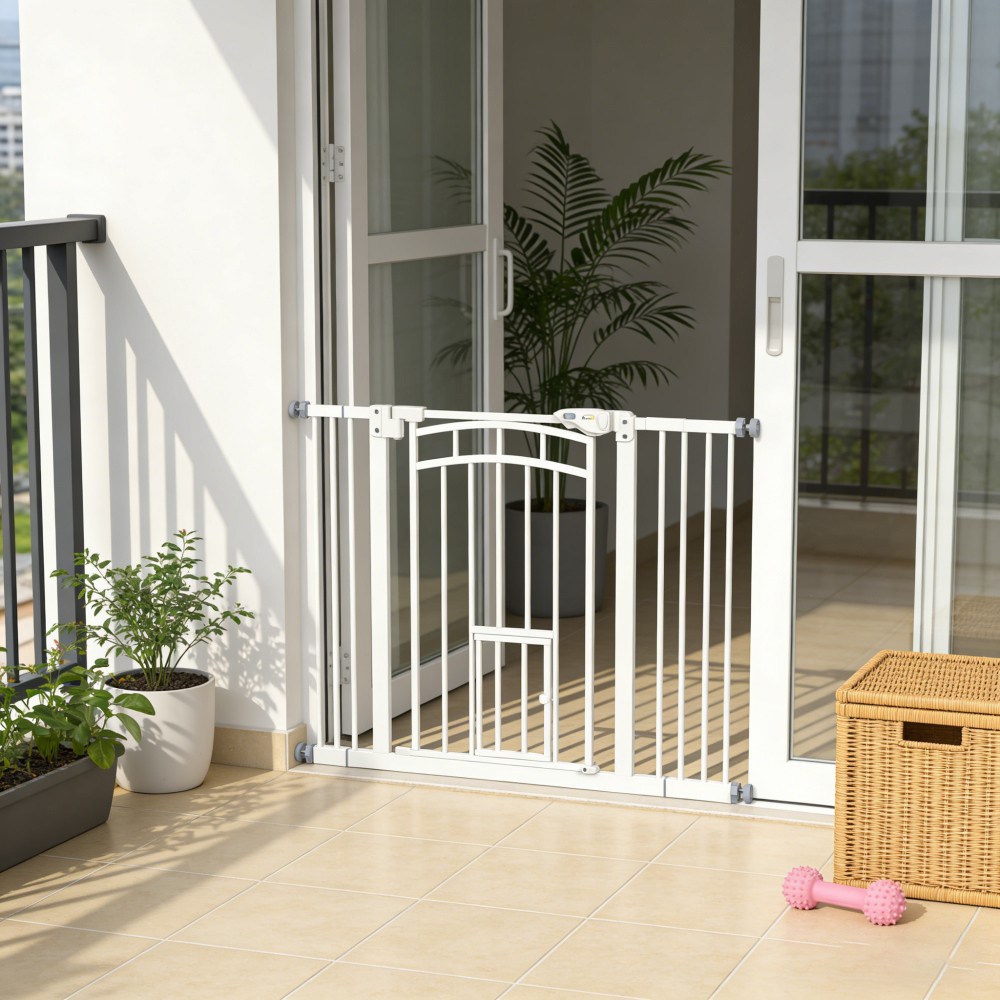 Auto-close Pet Gate With Cat Flap, No-drill Stair And Door Barrier 74-100cm