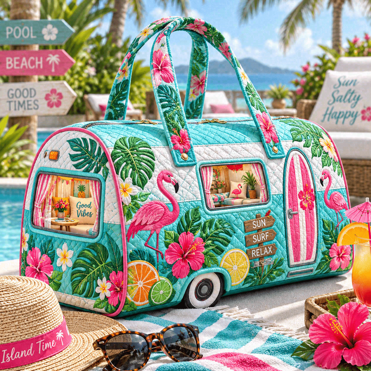 TEMU Women's Tropical Flamingo Print Quilted Travel Bag, Colorful Summer Large Capacity Duffle Handbag With Double Handles For Beach Trips, Camping,