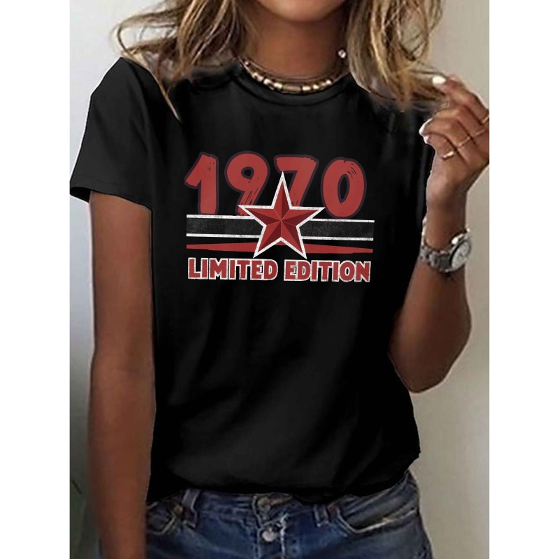 

1970 Print T-shirt, Short Sleeve Crew Neck Casual Top For Summer & Spring, Women's Clothing