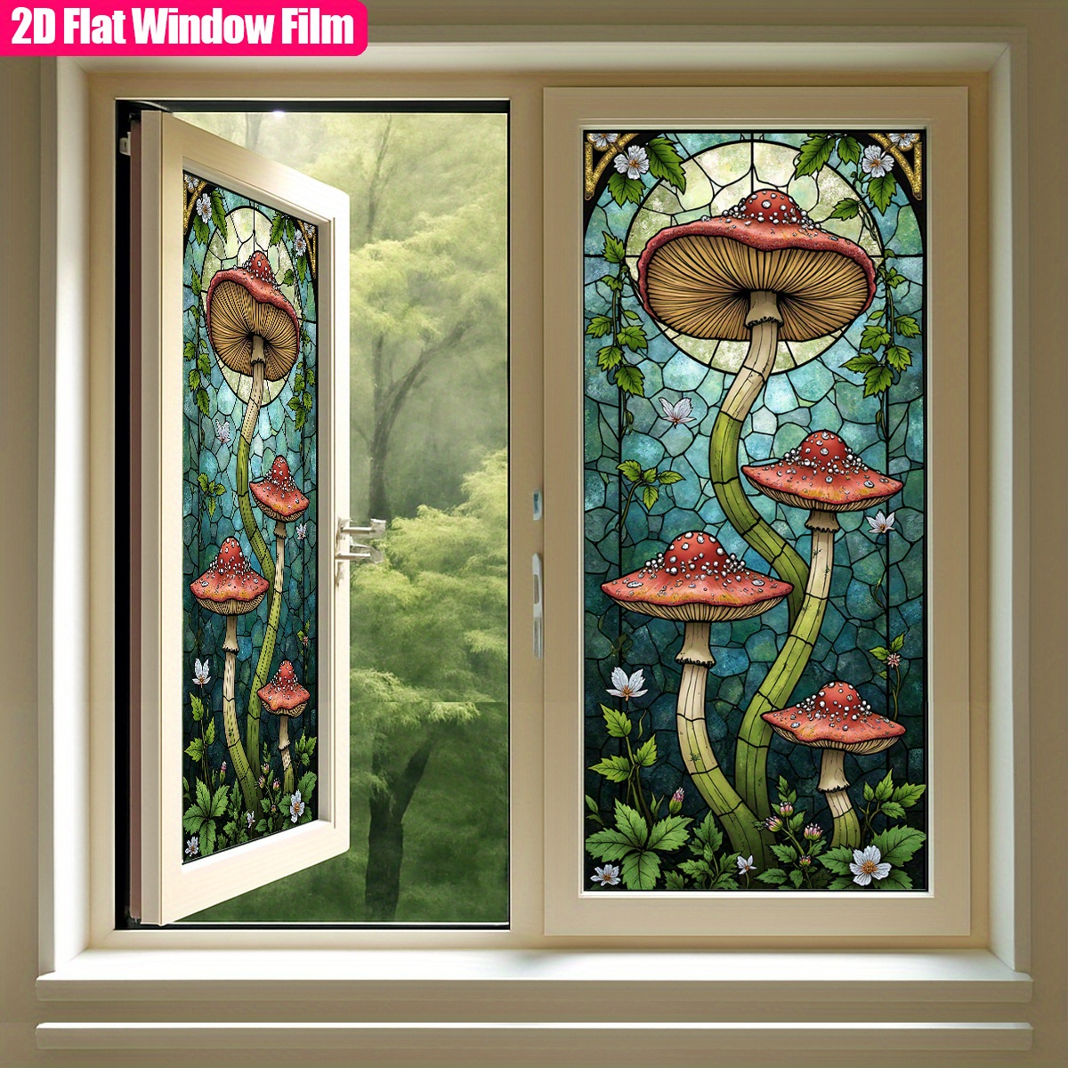 TEMU 1pc Dienalls Static Cling Window Film - No Glue Needed, Easy Application & Removal - Red Mushroom Stained Glass Art With Teal Background -
