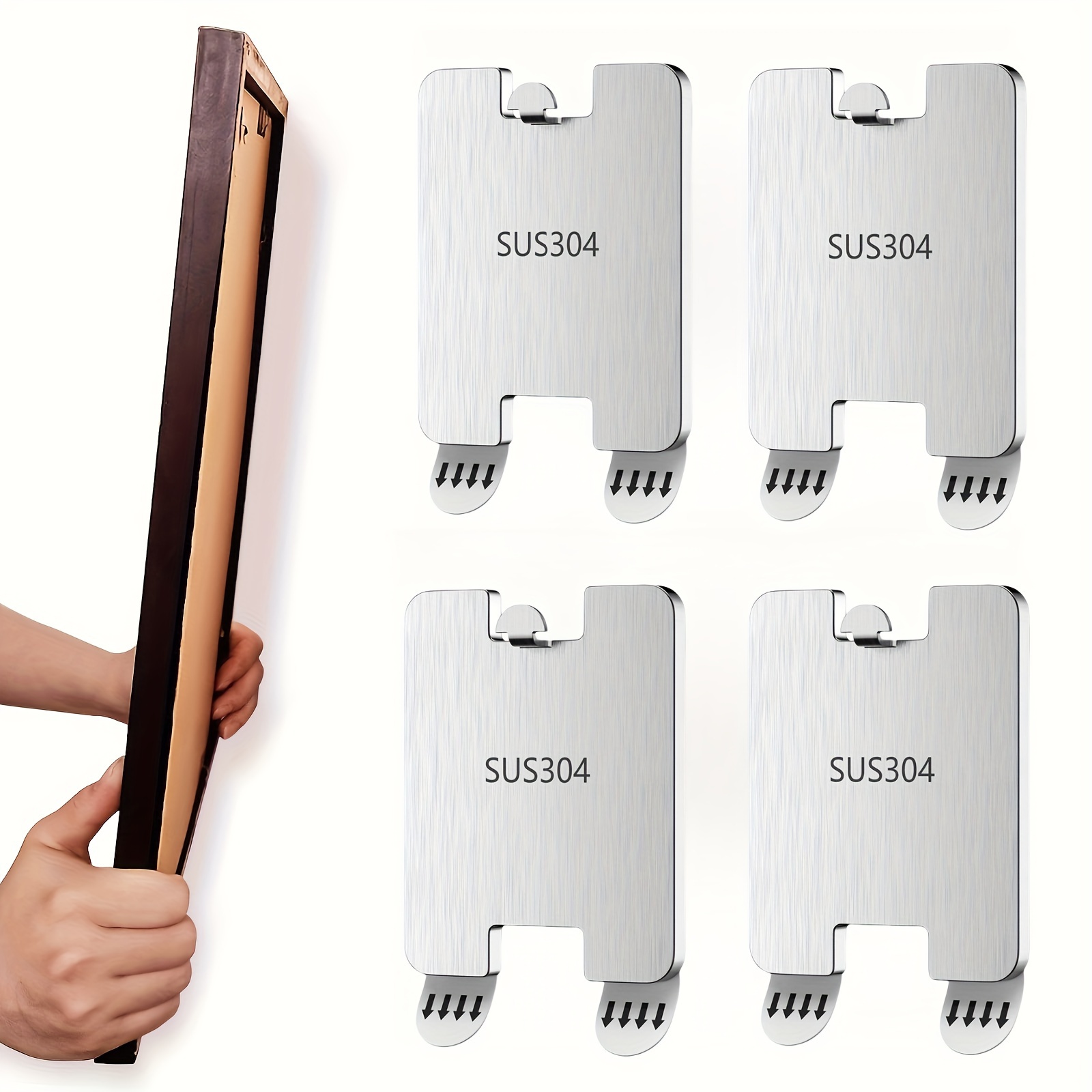 TEMU 4pcs Stainless Steel , No-drill Picture Hanging Brackets, Easy-to-install Wall Hooks, Nail-free Serrated Damage-free Hanging Kit, Suitable For