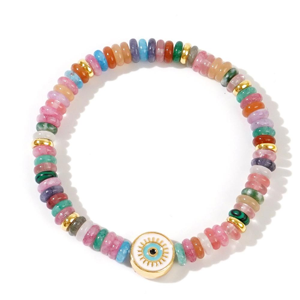 TEMU 1pc Bohemian Eye Bracelet For Women - Adjustable Pink Tone Multicolor Semi-precious Stone Beads, Retro Couple Suitable For Daily Wear, Parties,