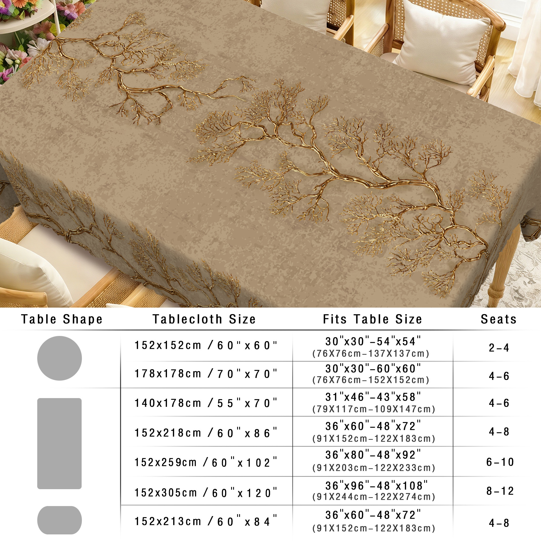 1pc, Vintage Golden-Brown Tree Tablecloth, Elegant Golden Branch Print with Intricate Twigs And Leaves, Artistic Nature Design on Textured Beige Background, Botanical Style Table Cover for Dining Room, Kitchen And Home Decor, 7 Sizes Available
