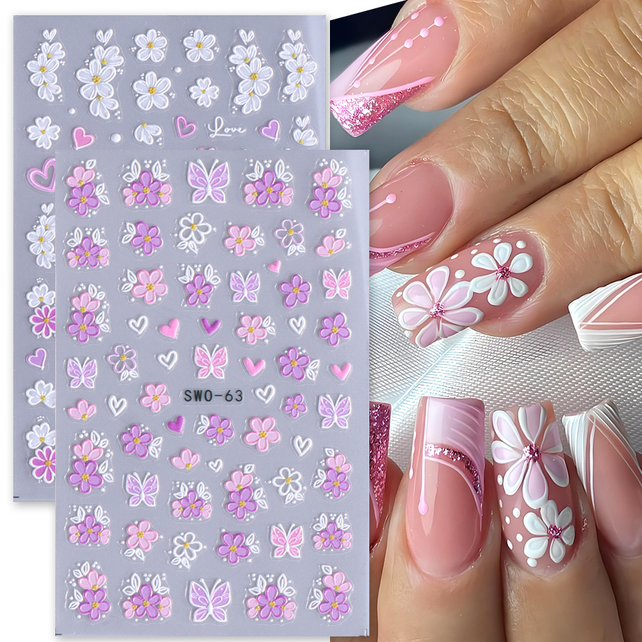 

Elegant Floral And Butterfly Nail Art Stickers, Self-adhesive 3d Plastic Decals, Matte , Single Use, Rectangle Shape, With Embroidered Plant Theme For Nails, Unscented