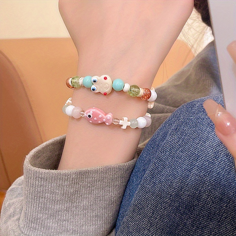 Sweet Ceramic Fish Bead Frog Bracelet Elastic Rope Wristband