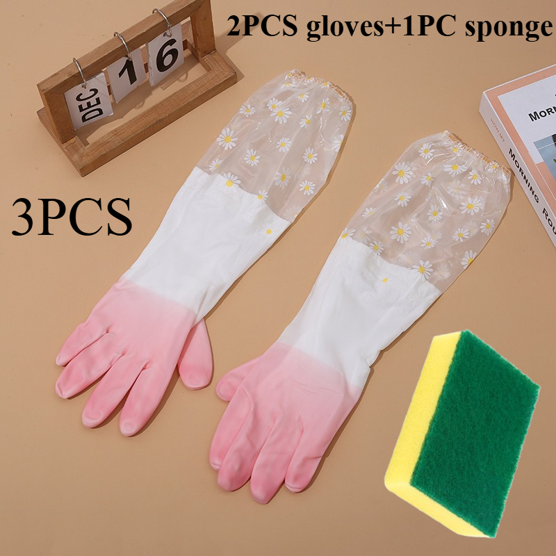TEMU Extended And Thickened Dishwashing Gloves With Cleaning Sponge -2pcs Cleaning Gloves+1pc Cleaning Sponge, Reusable Household Cleaning Products
