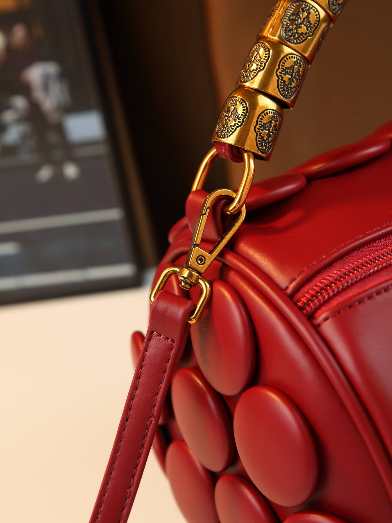 Red Vintage Boston Pillow Bag side detail