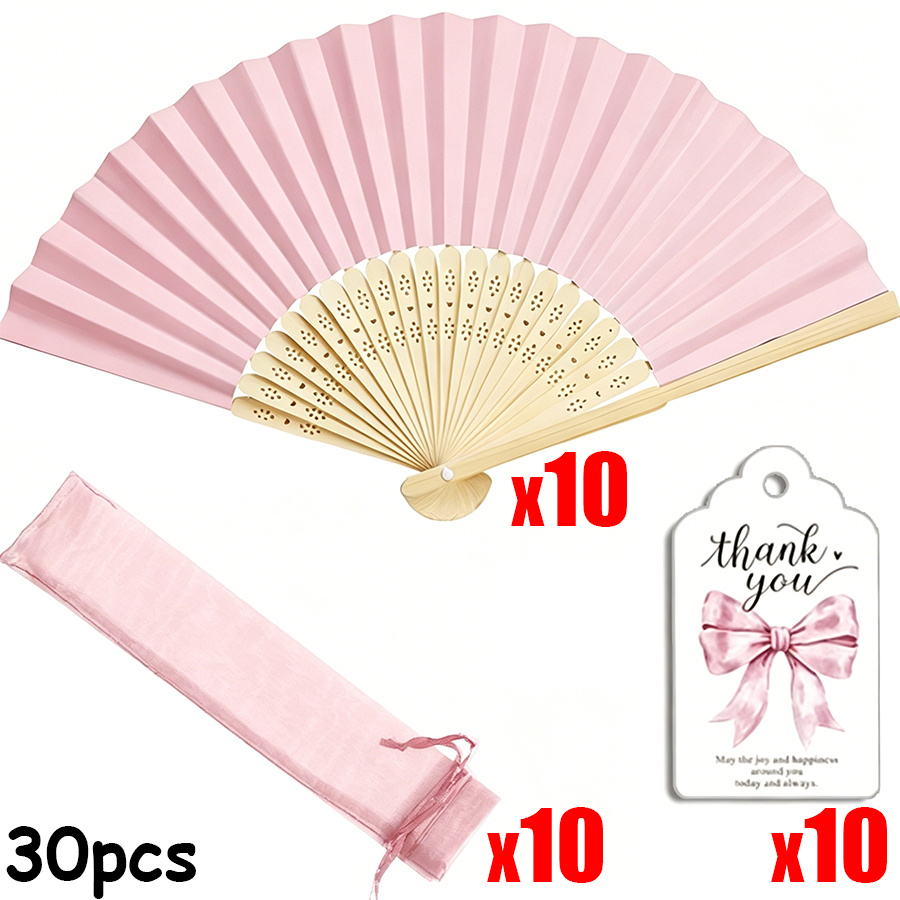 TEMU 30pcs Pink Folding Hand Fans Suitable Bridesmaid Gifts, Wedding Decor With Thank You Cards & Bags - Elegant Folding Fans For Bridal, Summer,