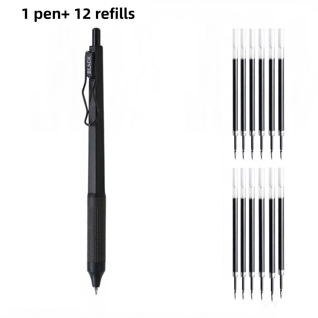 TEMU 13pcs Gel Pen Set, Includes 1 Pen + 12 Refills. Simple Quick-drying Black Pen For Students' Writing And Office Use, 0.5mm Fine Tip, Black Ink.