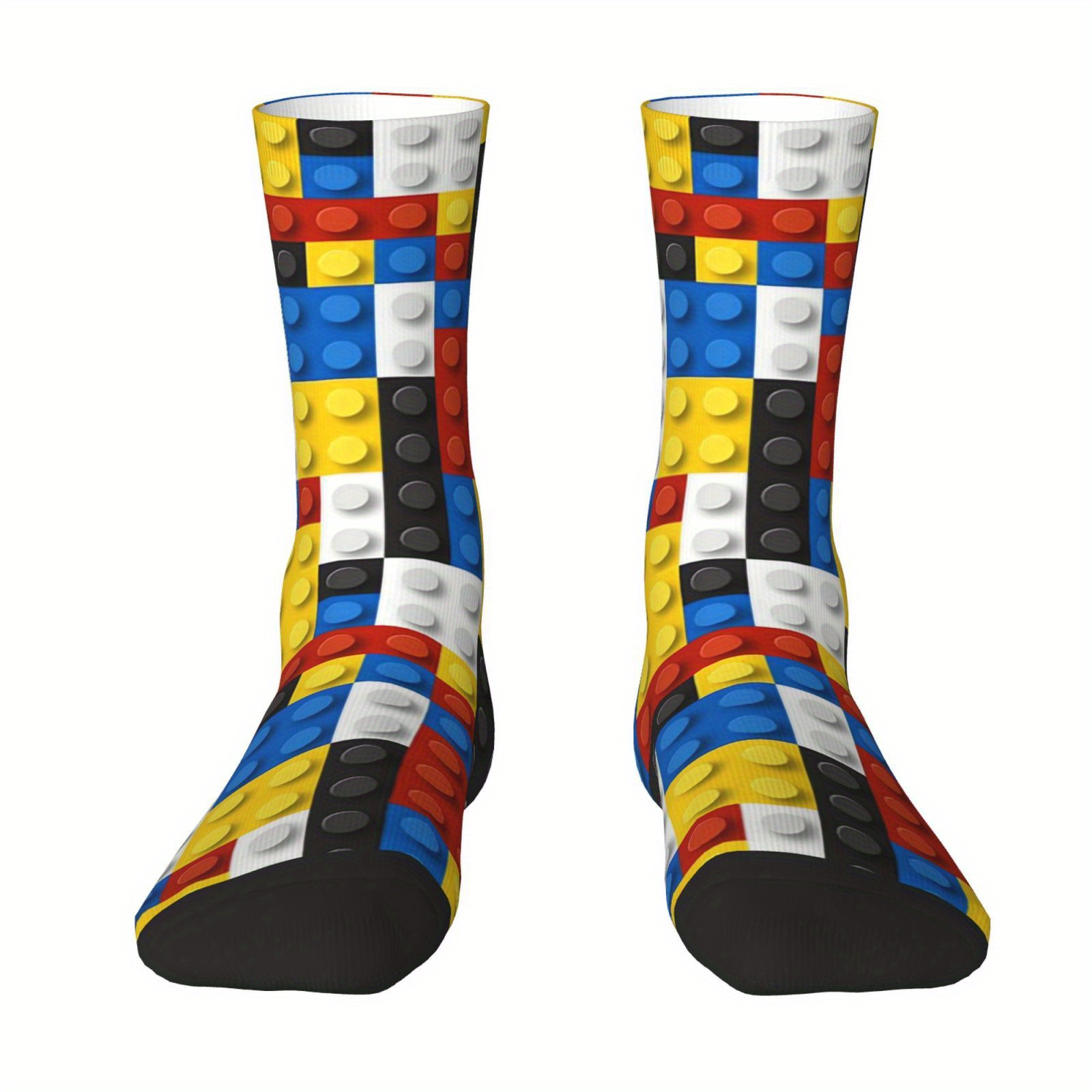 TEMU 1 Pair Biihudu Men's Blocks De Stijl Inspired Socks - Vibrant Color , Breathable Polyester Blend, Elastic Ribbed Cuffs For - Machine Washable