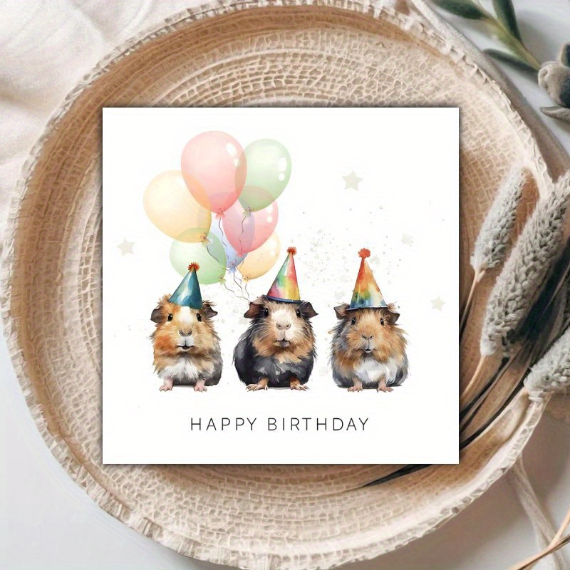 TEMU Guinea Pig Birthday Card, Featuring A 4pcs Set Of Cute Guinea Pigs Wearing Party Hats And Balloons - " A Happy Birthday" Text, Tones, Suitable