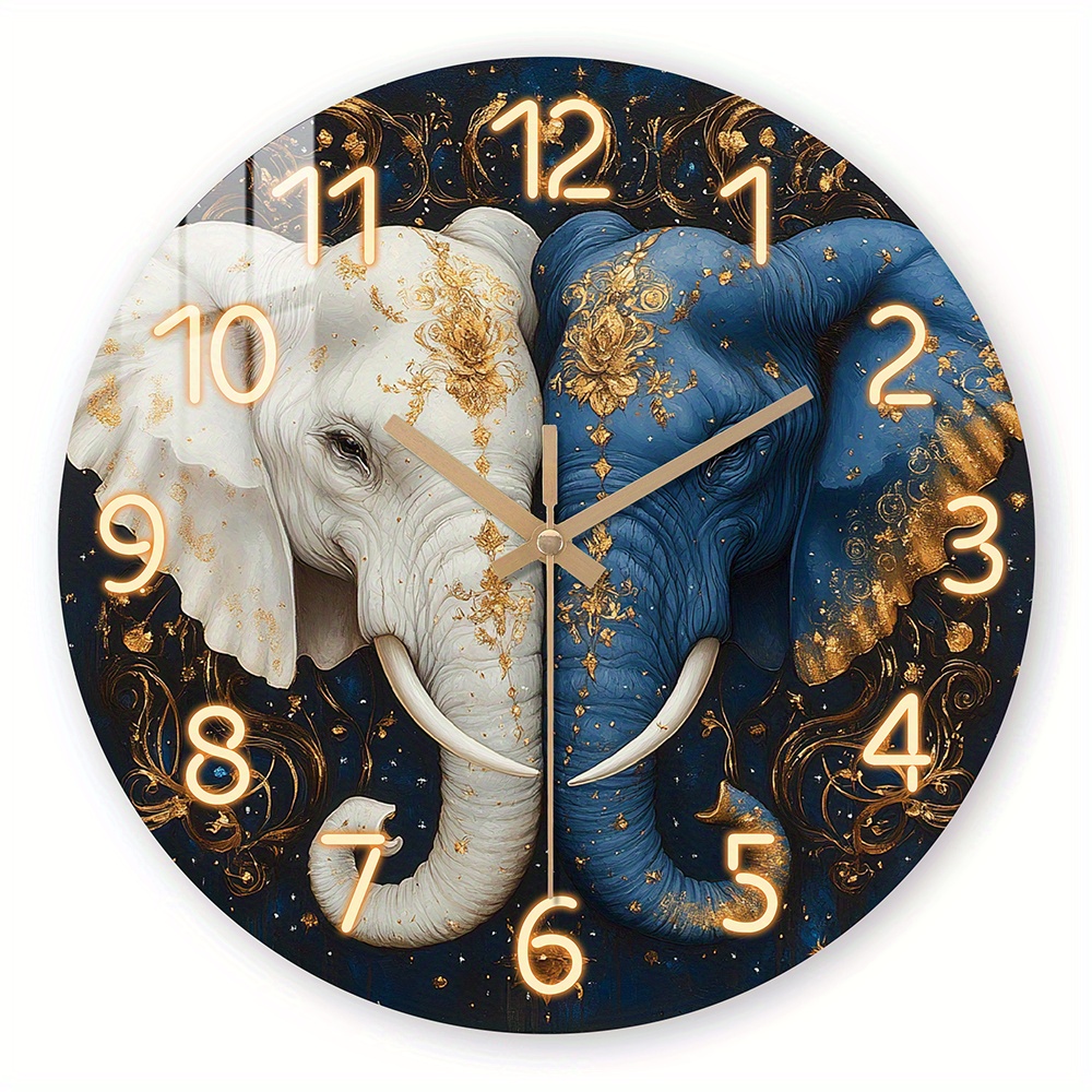 TEMU Horloge Murale en Bois sur le Thème de - d'un Design de Éléphants Ornés d'Accents Dorés, une Horloge Silencieuse avec une Surface Trempée,
