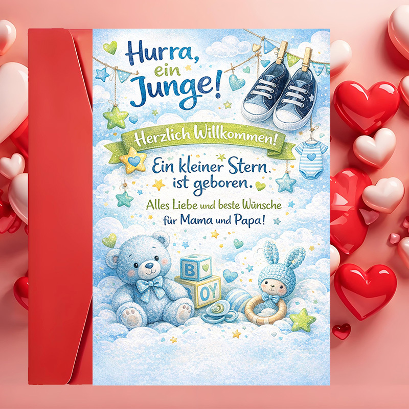E-shop 2 Stück (ein Umschlag eine Grußkarte) – Neue Baby-Jungen-Glückwunschkarte – zum Begrüßen Kleinen, Feiern neuer Eltern Baby-Shower – Einfühlsames