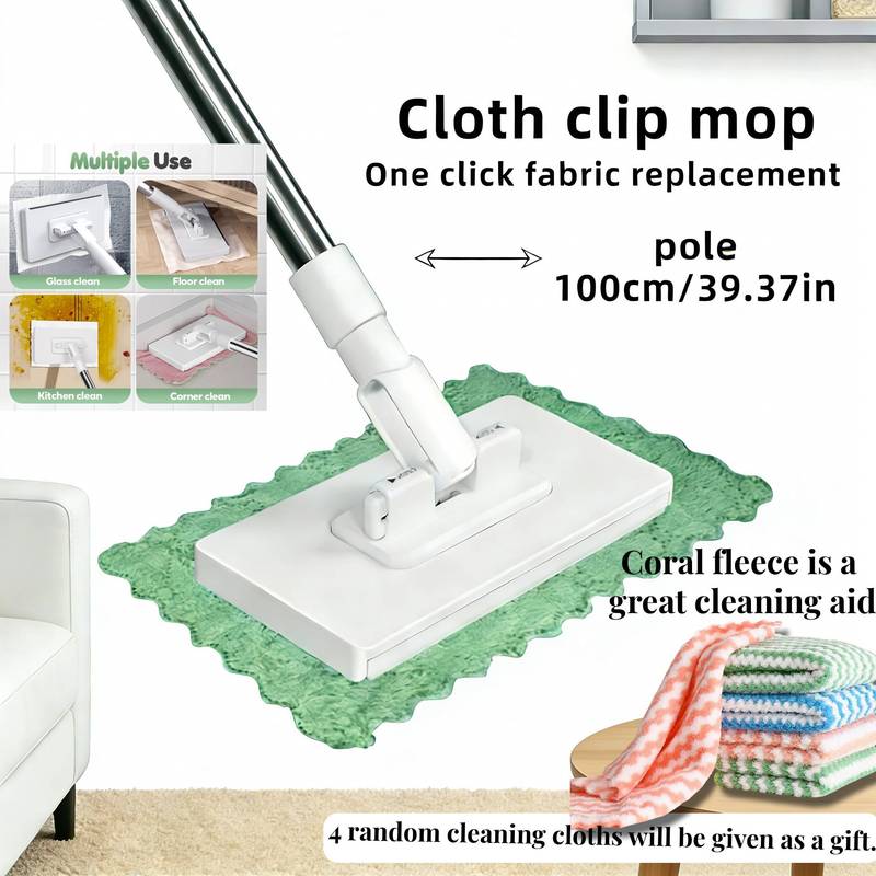 5pcs 100cm Adjustable Cloth Clip Mop+4pcs Reusable Cloths One-Click Change Lazy Mop for Floor Window Cleaning 0