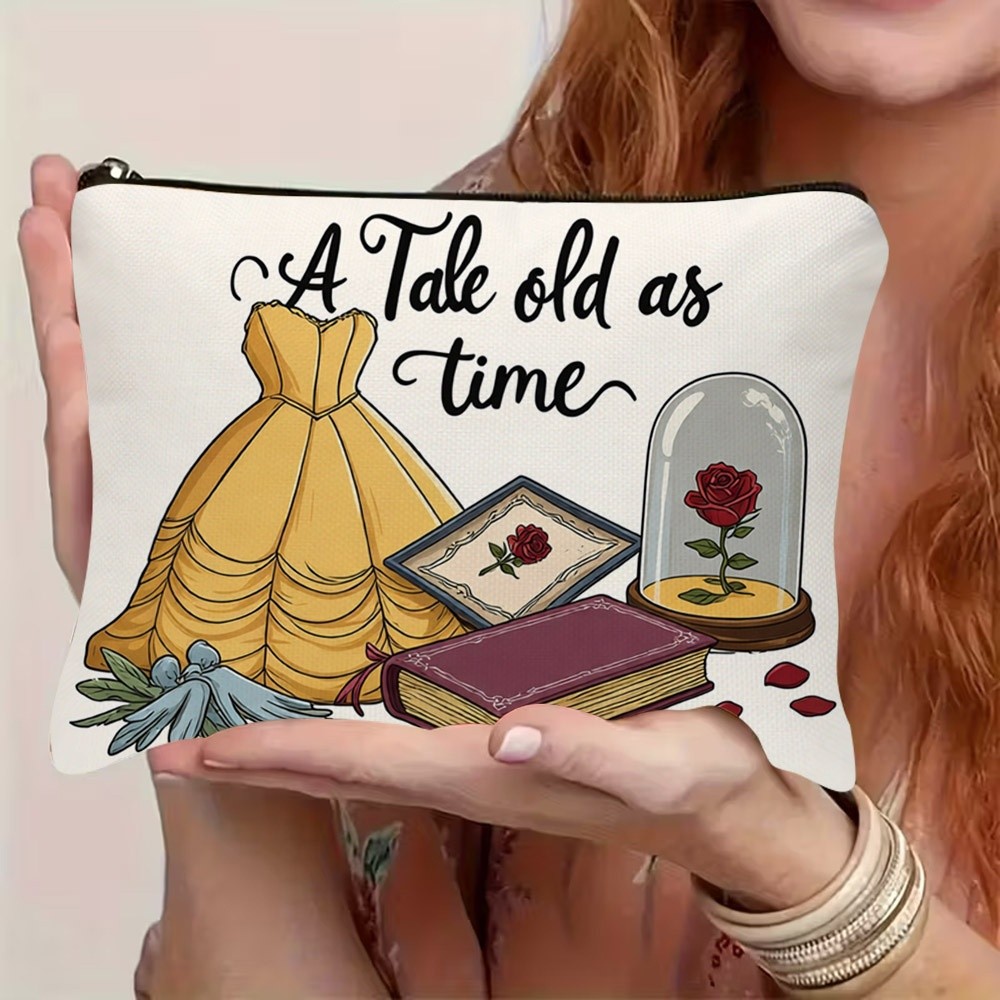TEMU Trousse de maquillage 1 pièce avec l'impression et le texte « A Tale Old As Time », adaptée à divers utilisateurs, avec une fermeture éclair,