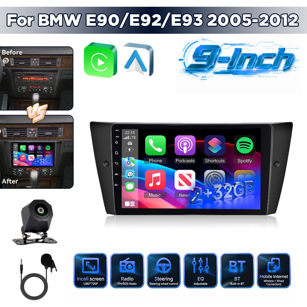 Image of [2g + 32g] Camecho 15 Car Stereo Radio For E90/e92/e93 2005-2012 Inch Ips 1280*720 Touchscreen Bluetooth 5.0 Wifi Gps Rear Camera Mic Fm/rds/swc