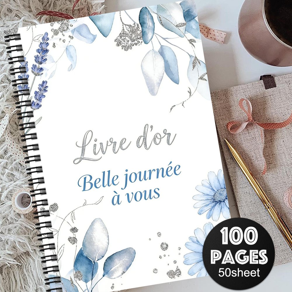 TEMU 1pc 'Or en Langue Française & Album Souvenir - Livre de Messages Esthétique Floral & Bleu avec Phrases pour Mariage, de Baby Shower - Élégant
