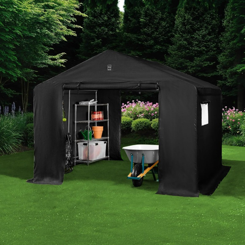 10x8ft Heavy-Duty Outdoor Storage Shed with Dual Roll-Up Doors & Windows, Steel Frame Canopy Shelter - UV50+ Rated, Easy Assembly, for Motorcycle, Bike, Garden Tools, Lawnmower - Black, Backyard Organization, Weatherresistant Design, Longlasting Durability, Motorcycle Owners