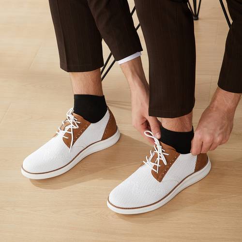 mens luxury dress sneakers lightweight breathable mesh oxfords with eva sole brown white casual business shoes for office casual attire comfortable low stylish shoes durable traction footwear