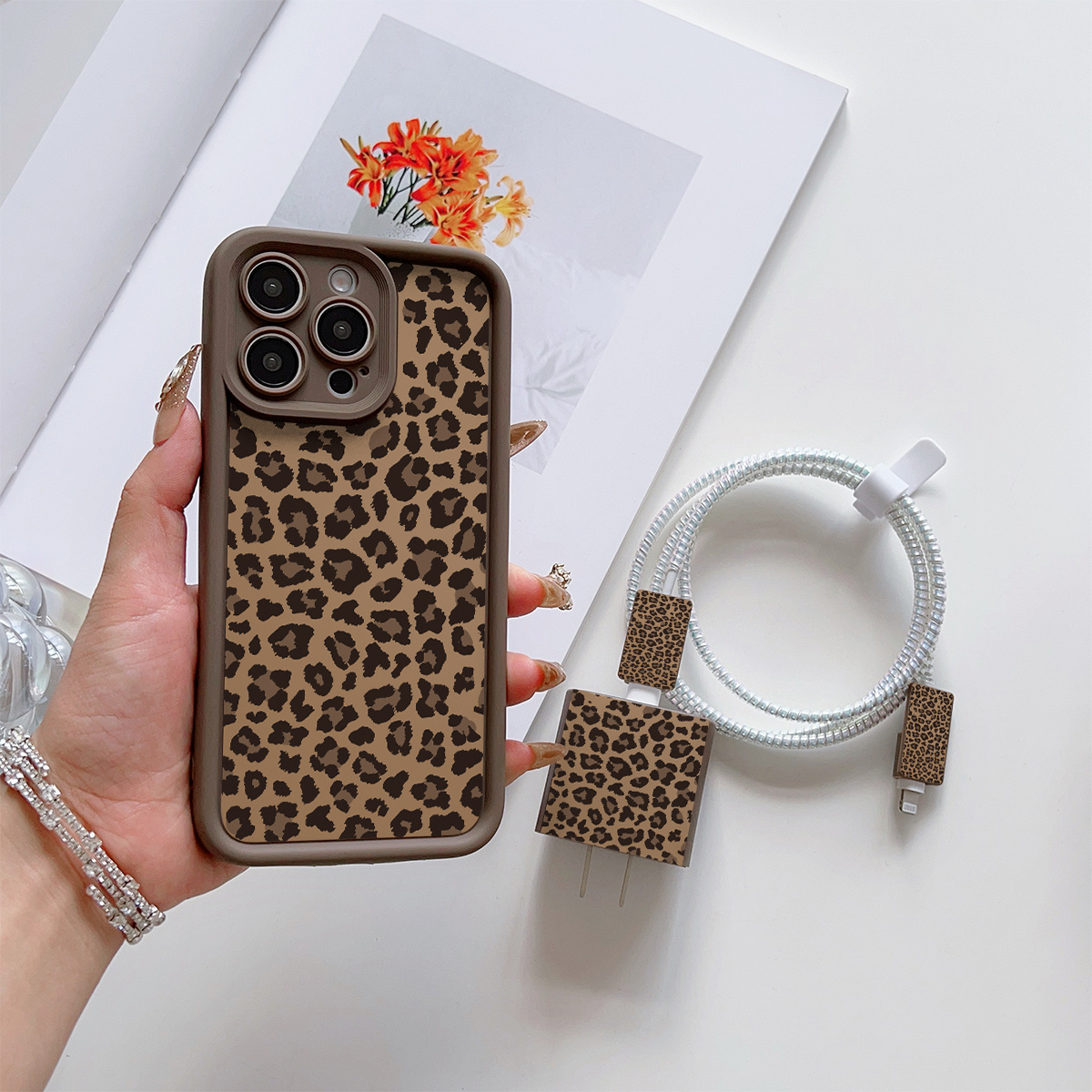 TEMU Phone Case: 6pcs Brown Leopard Print Phone Case Set With Charger Head Cover, Cable Protector, Storage Cord, And Data - Tpu Shockproof Case For