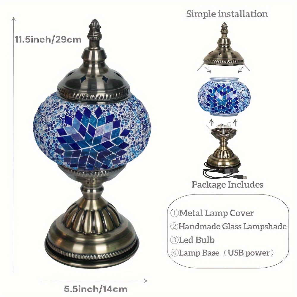 TEMU Mosaic Glass Lampshade, Bohemian Painted Glass Metal Lantern, Matte Texture, Blue Decorative Bedside/desktop Night Light, Suitable For Bedroom,