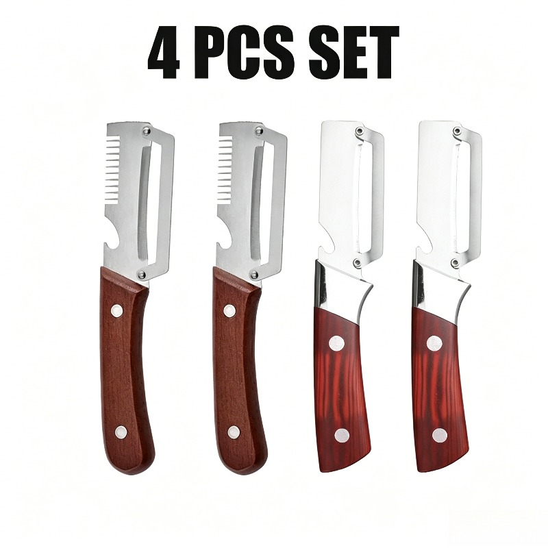 TEMU 4pcs Stainless Steel Vegetable Peeler Set, Wooden Handle Potato Peeler With Serrated & , Multi-functional Peeler With Bottle Opener, For Carrot