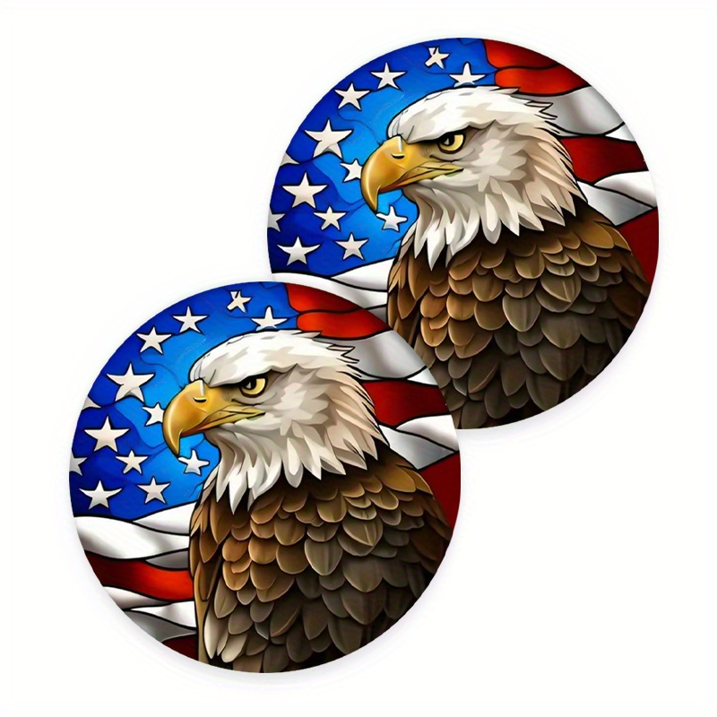 TEMU 2pcs Set Of Patriotic Coasters Featuring An American Flag And Bald Eagle Design, 2.75-inch Round Tabletop Coasters, Day And Memorial Day Car Cup