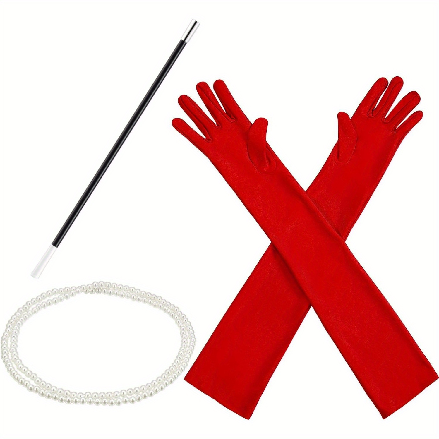 3pcs 1920s Costume Accessories For Women Red Long Satin Gloves Fancy Dress Plastic Stick Necklace Set