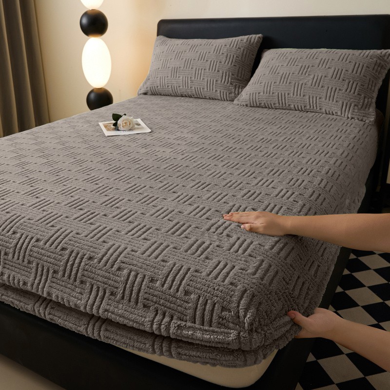 Grid Cross Stripe Fitted Sheet Queen Size Horizontal And Vertical Textured Pattern Soft Cozy Brushed Fabric Deep Pocket Elastic