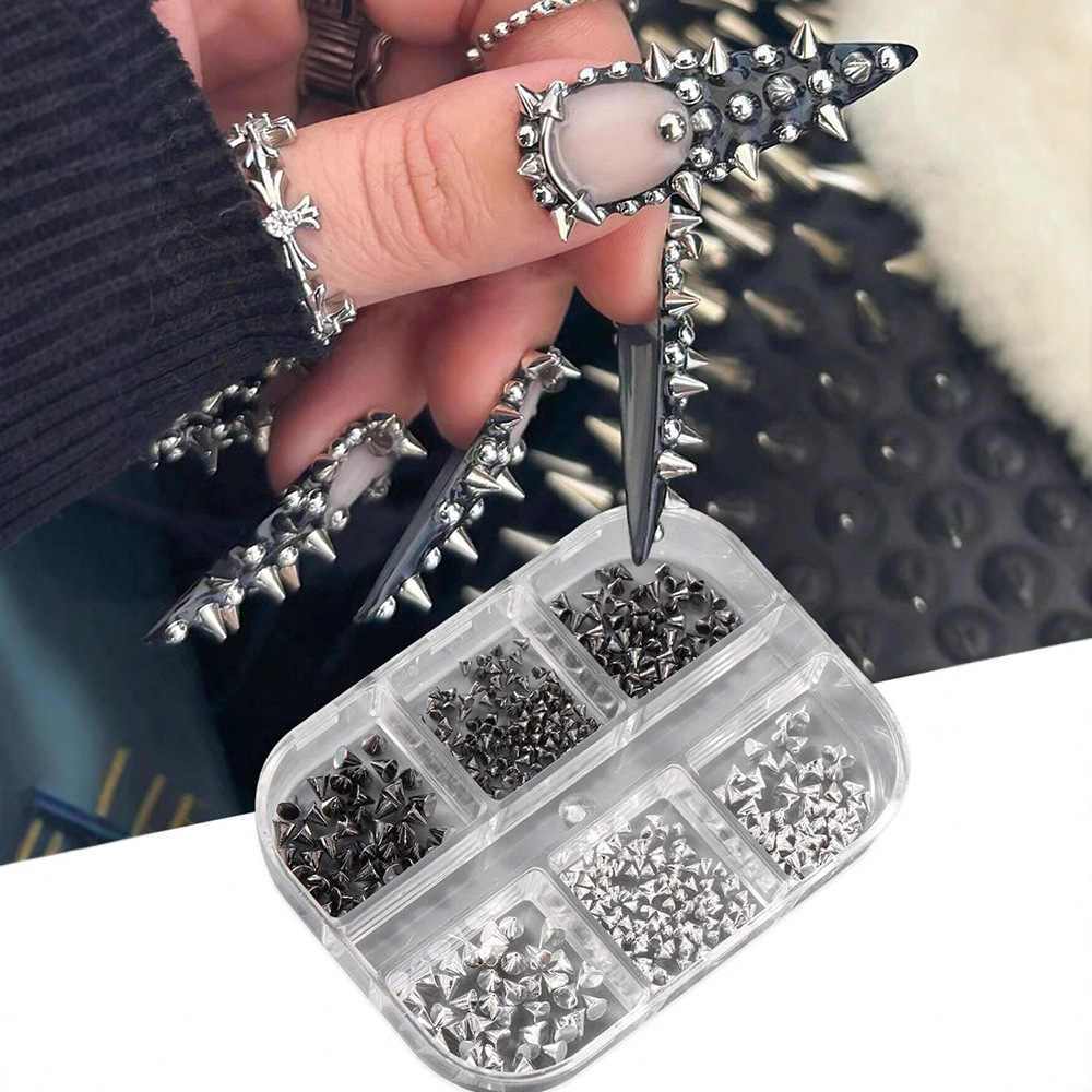 6grids 3d Mini Punk Metal Nail Studs 1/2/3mm Mix Size Silvery Black Nail Art Charms Alloy Rivets Stick Cone Diy Crafts Decoration