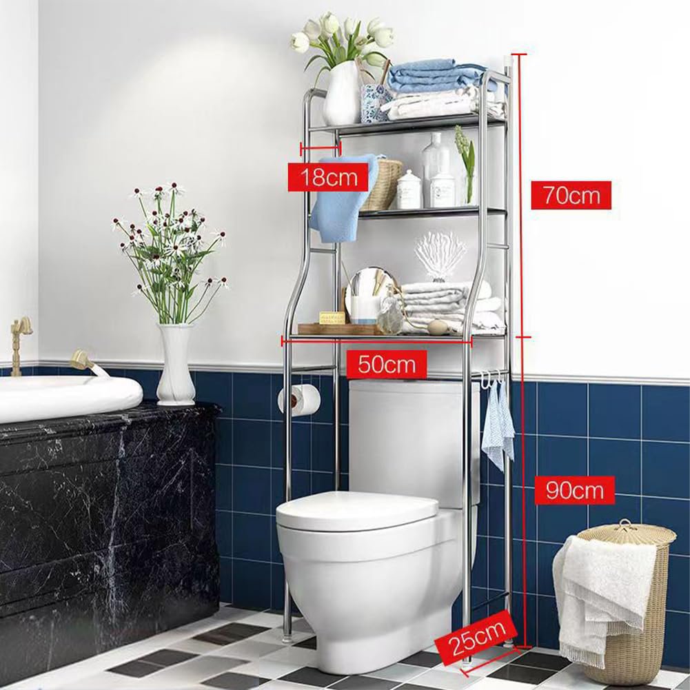 Image of Three-tier Stainless Steel Over-toilet Storage Rack With Towel Hooks And Paper Holder, Waterproof Freestanding Organizer For Bathroom Or Laundry Room, Shelves