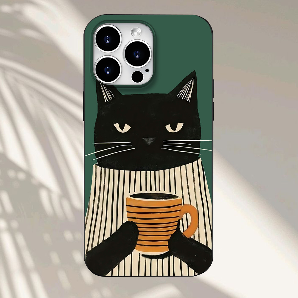 TEMU Phone Case: Background Black Cat In Striped Outfit Holding Coffee Cup Pattern Creative Cartoon Pattern For Men And Women Phone Case Compatible
