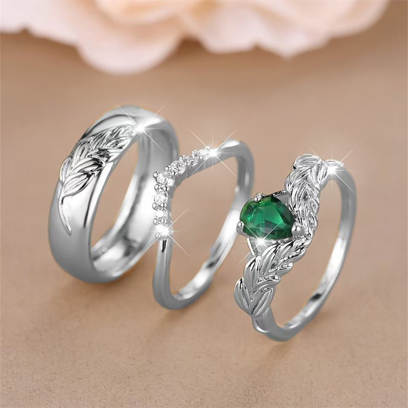 TEMU 3pcs/set Of Wheat Ear Element Stacked Copper Inlaid Synthetic Cubic Synthetic Synthetic Zircon Ring Set, Green And White , , Full Of Natural